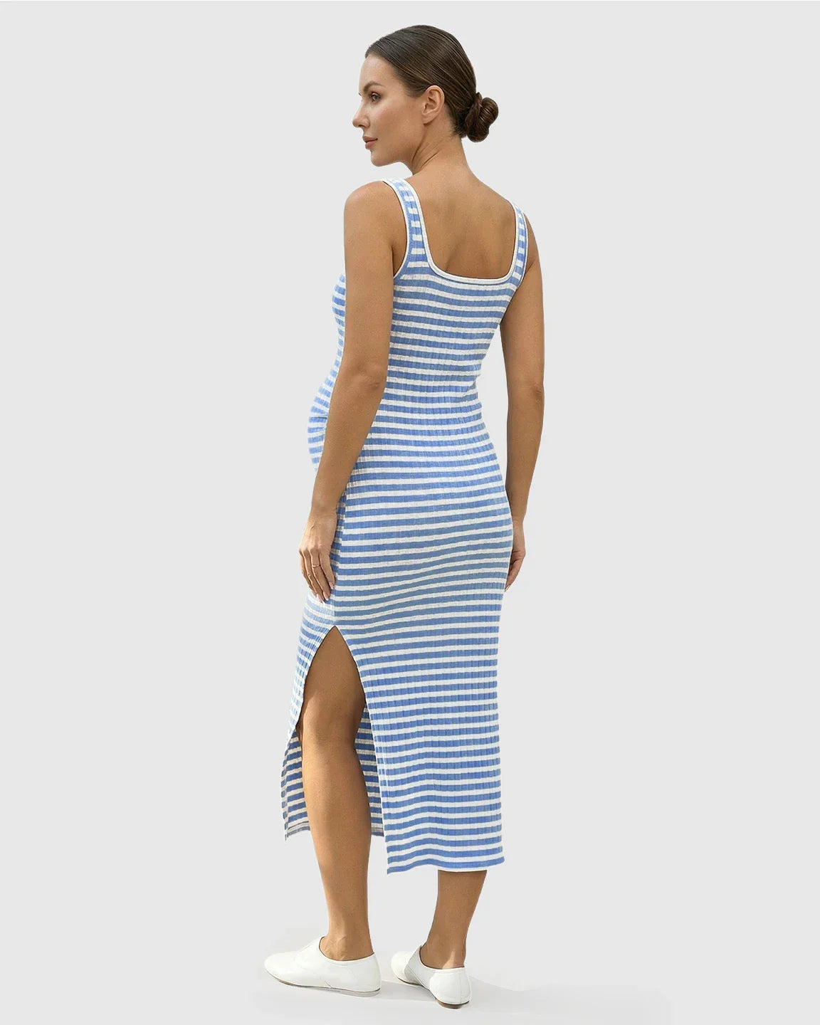 Bump Society – The Comfort Collection: Striped Side Slit Maternity Midi Dress