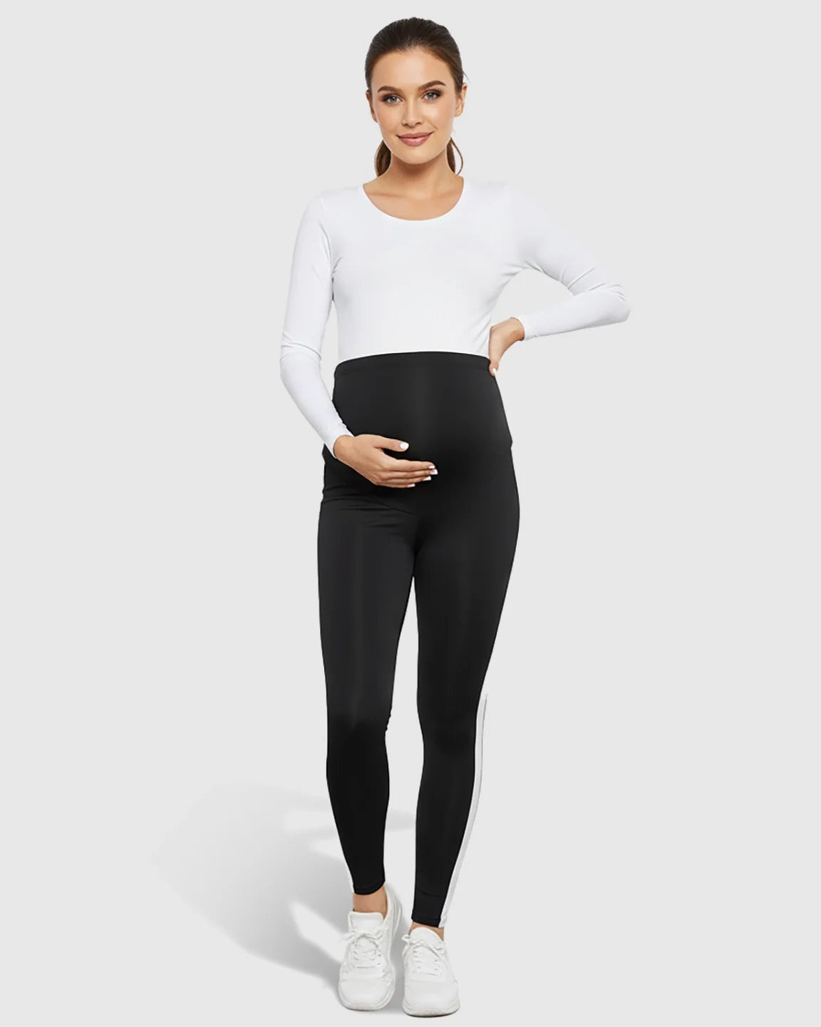 Bump Society – The Comfort Collection: Stretch Waist Panel Side-Stripe Maternity Leggings