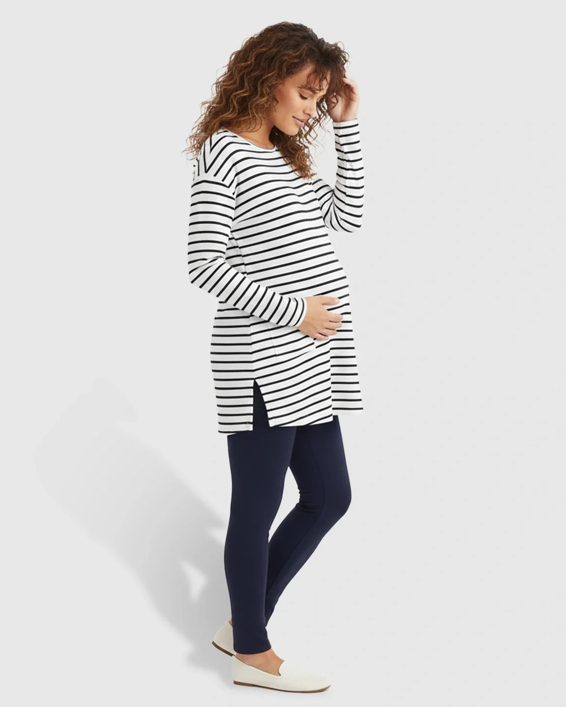 The Comfort Collection: Striped Round Neck Long Sleeve Maternity Top With Pockets