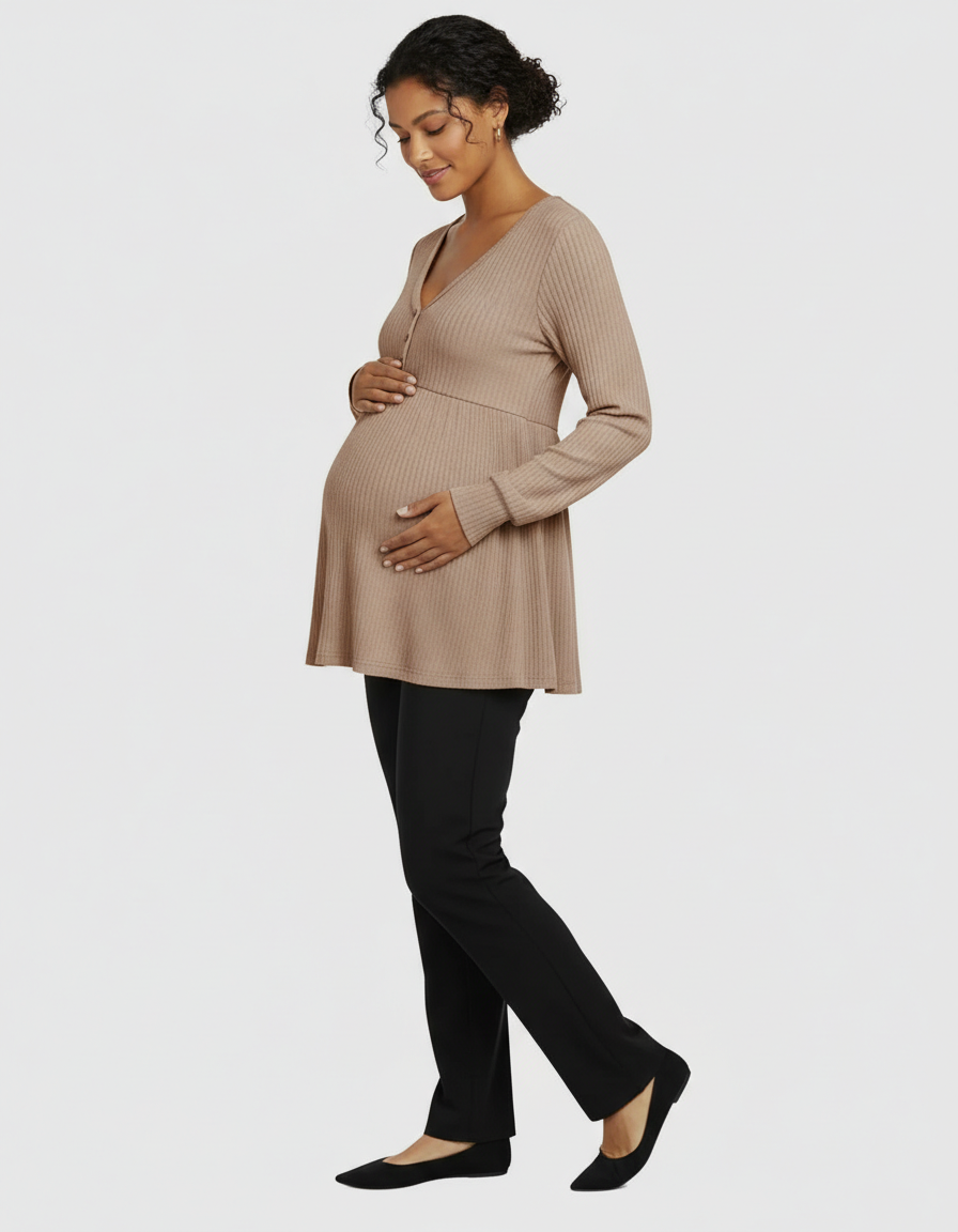 Bump Society – The Comfort Collection: Grey Ruched Bodycon Maternity Midi Dress.