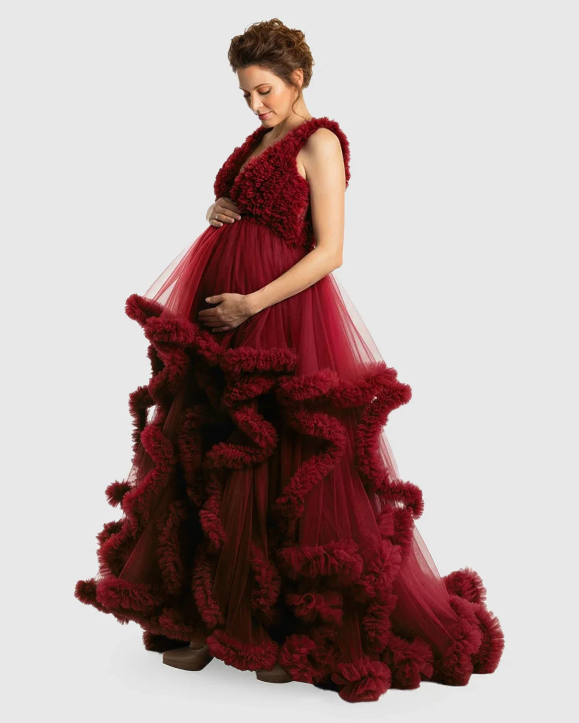 Bump Society – The Comfort Collection: Ruffled Bodice Multi-Layer Mesh Pleats Maternity Gown