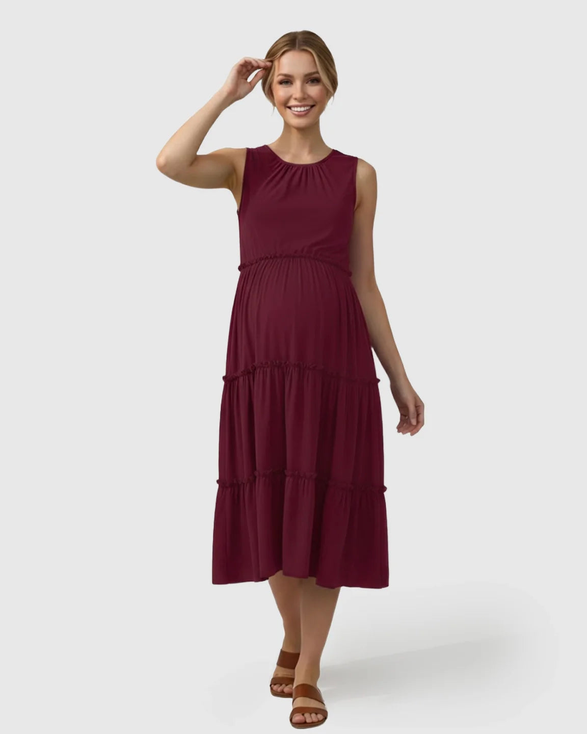 Bump Society – The Comfort Collection: Tiered Ruffle Skirt Casual Maternity Midi Dress
