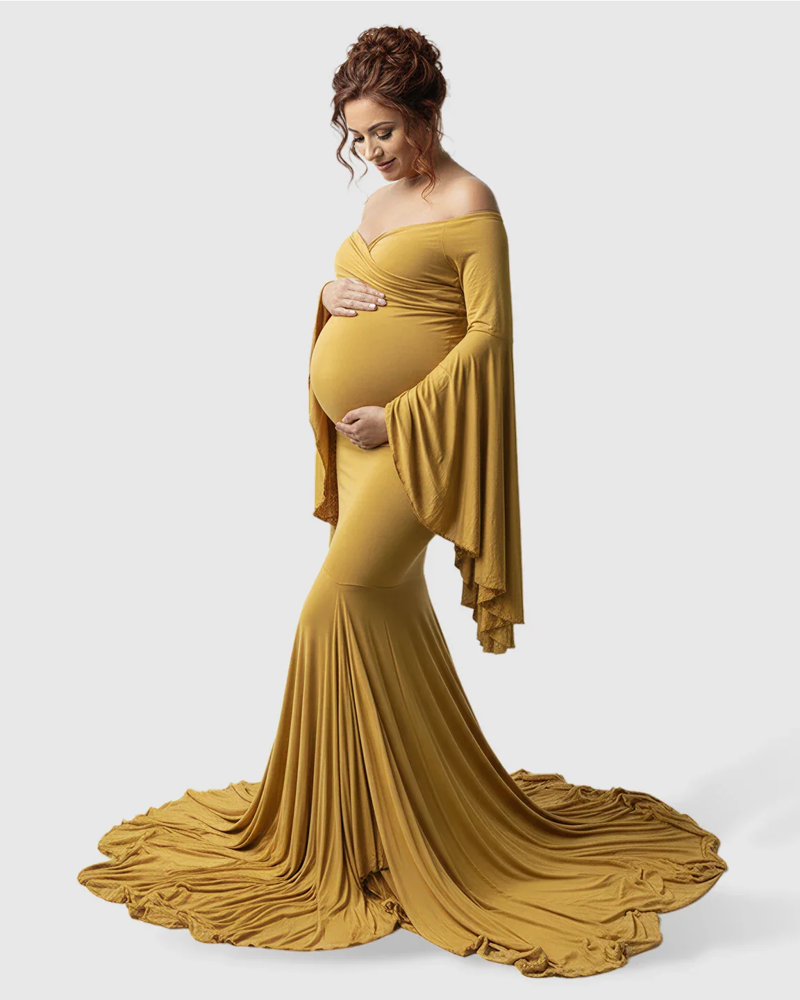 Bump Society – The Comfort Collection: Flared Sleeve Fishtail Train Maternity Photoshoot Dress
