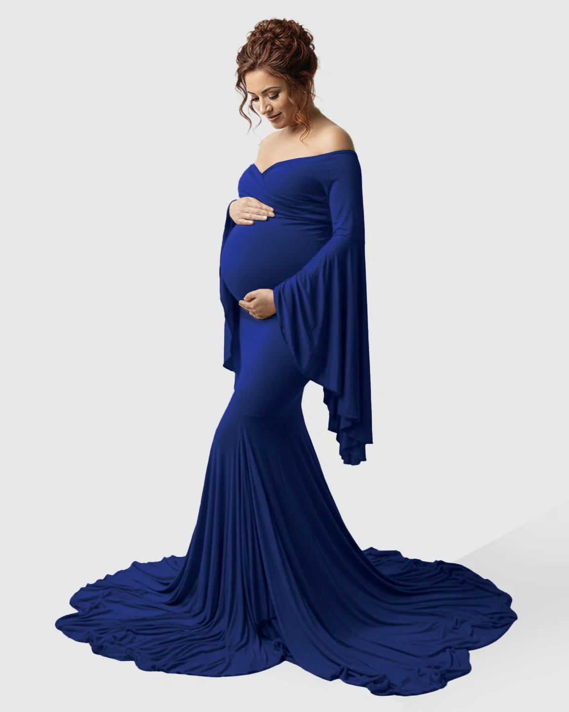 Bump Society – The Comfort Collection: Flared Sleeve Fishtail Train Maternity Photoshoot Dress