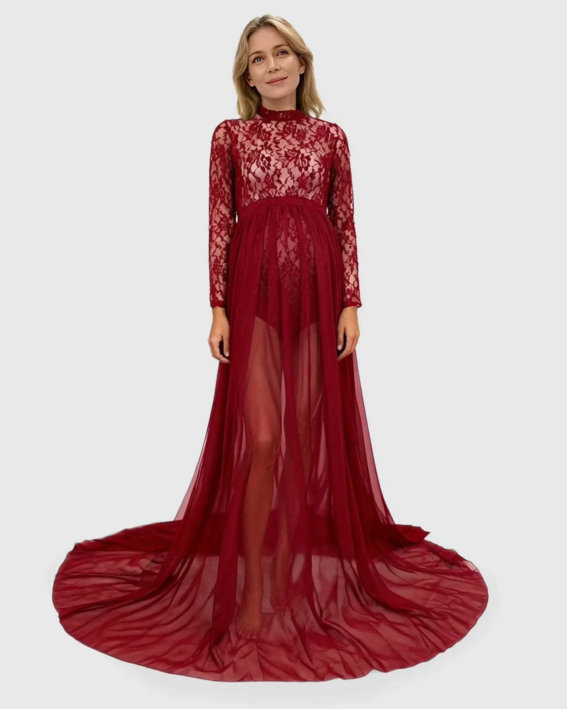 Bump Society – The Comfort Collection: Sheer Lace Double Slit Maternity Photoshoot Gown