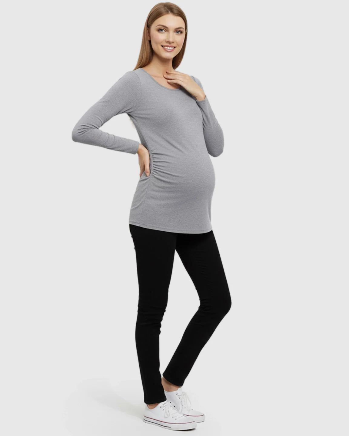 Bump Society – The Comfort Collection: Side Ruched Slim Fit Long Sleeve Maternity Top