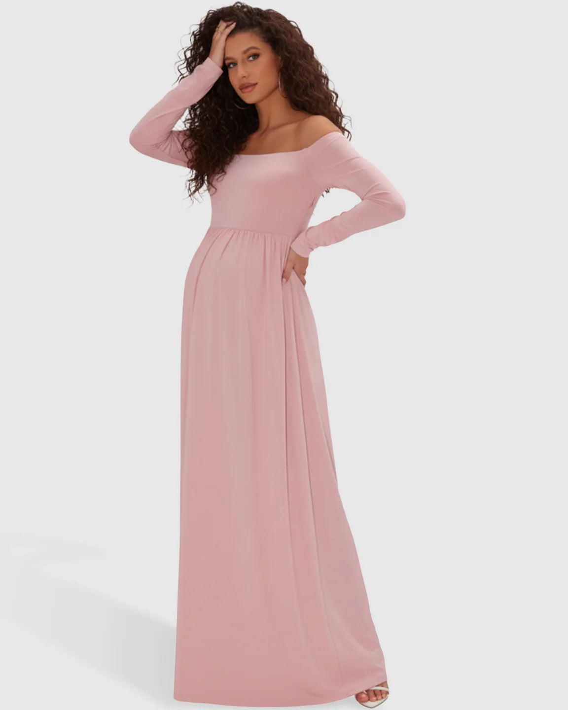 Bump Society – The Comfort Collection: Off-shoulder Retro Elegance Maternity Maxi Dress