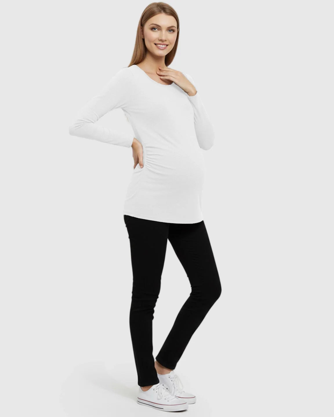 Bump Society – The Comfort Collection: Side Ruched Slim Fit Long Sleeve Maternity Top