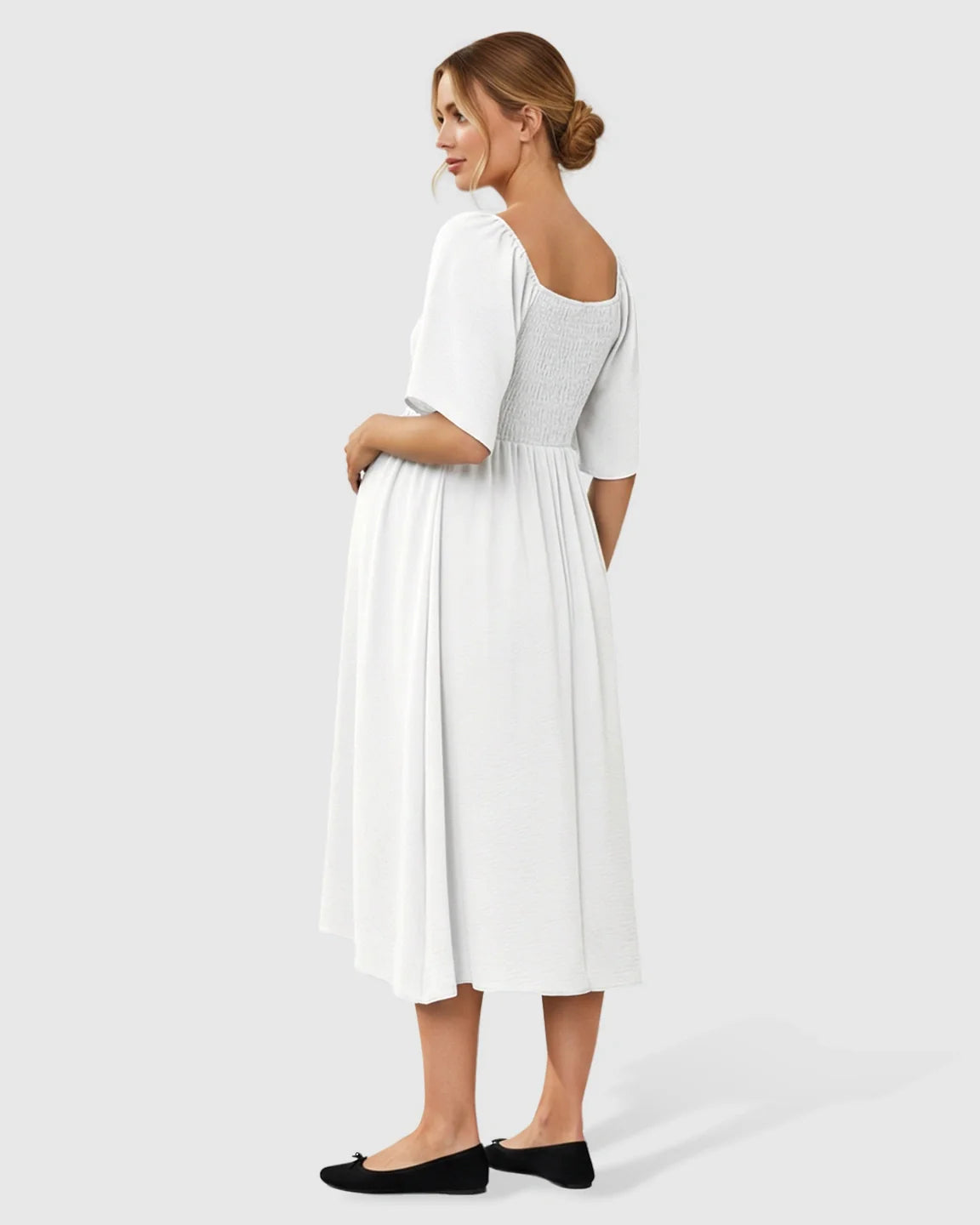 Bump Society – The Comfort Collection: Tie-Knot Front Swing Silhouette Maternity Midi Dress