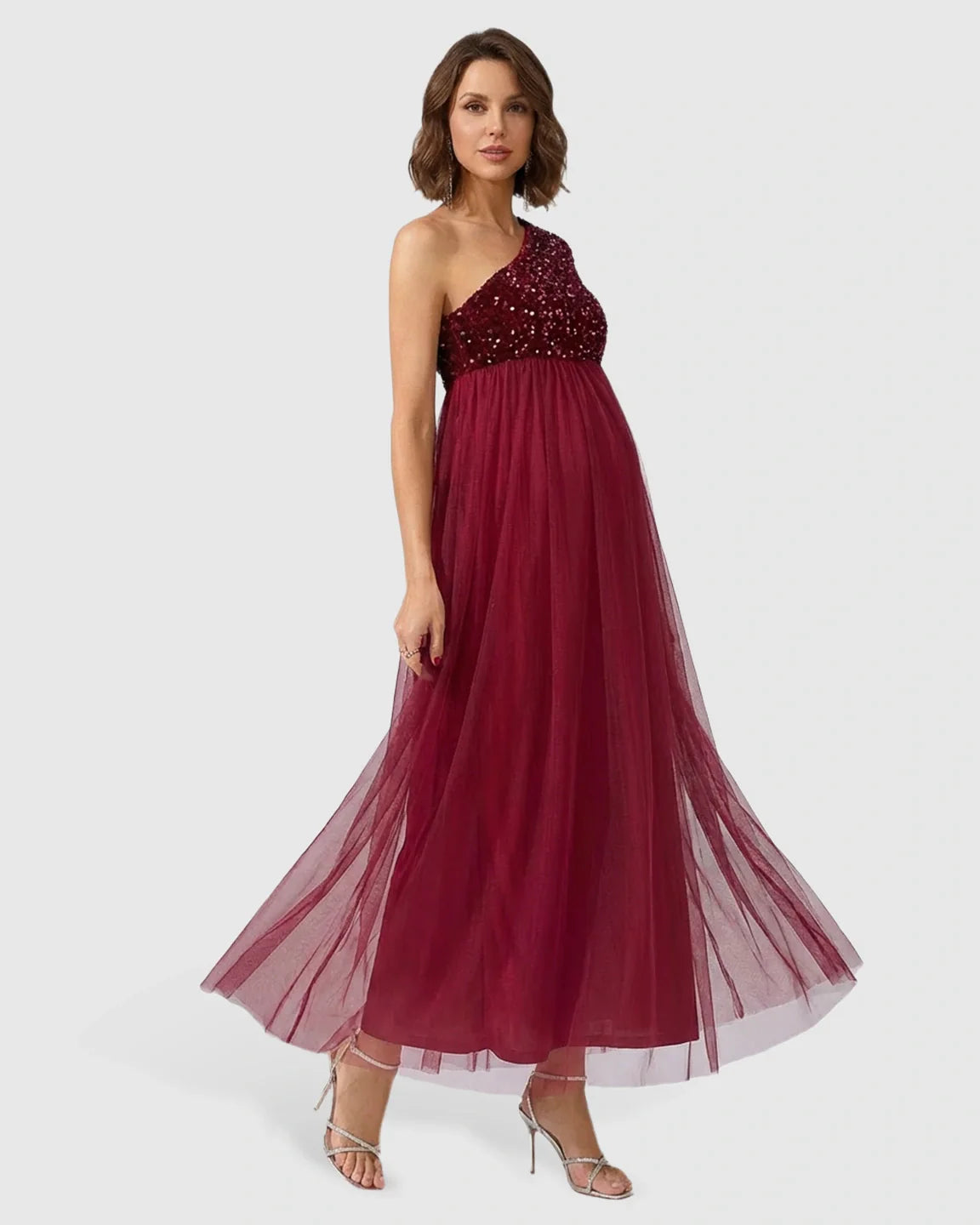 Bump Society – The Comfort Collection: Sequin One-Shoulder Flowy Maternity Maxi Dress