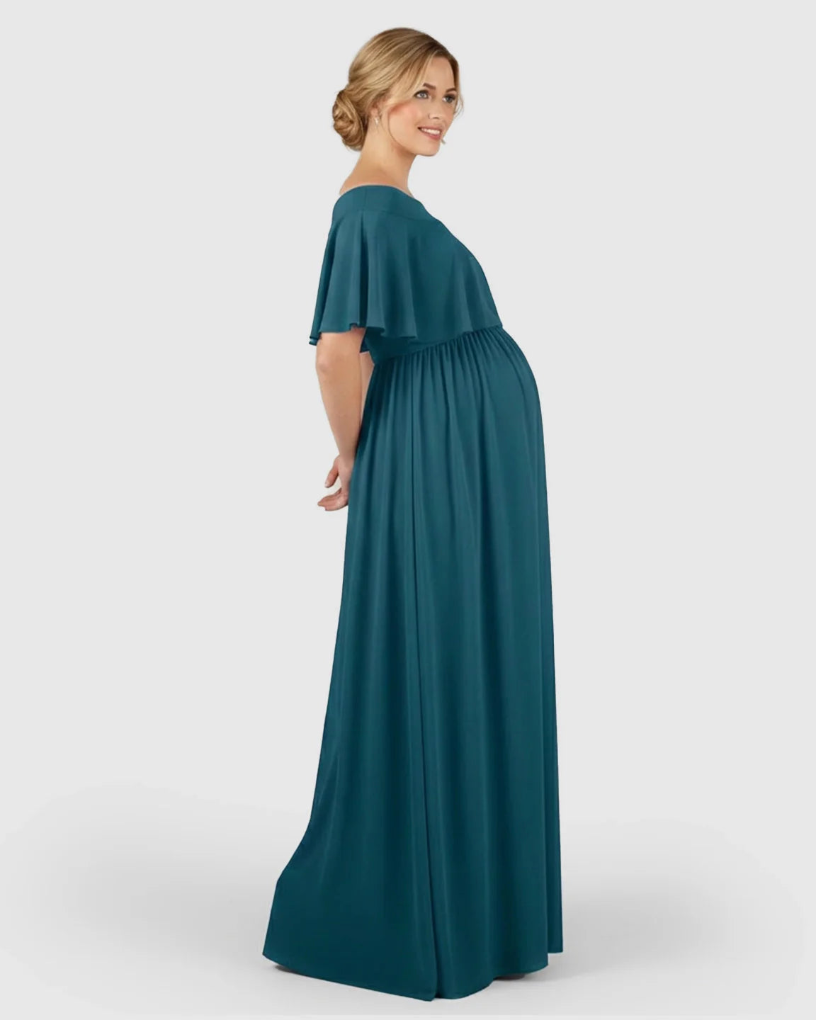 Teal chiffon off-shoulder maternity photoshoot dress with flutter sleeves and a flowing silhouette.