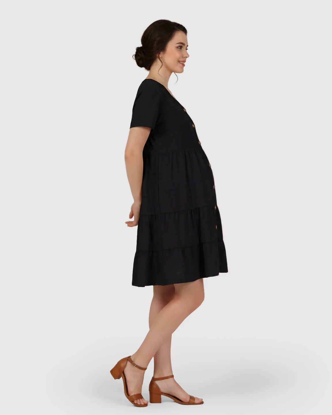 Bump Society – The Comfort Collection: Button Up Tiered Maternity Mini Dress