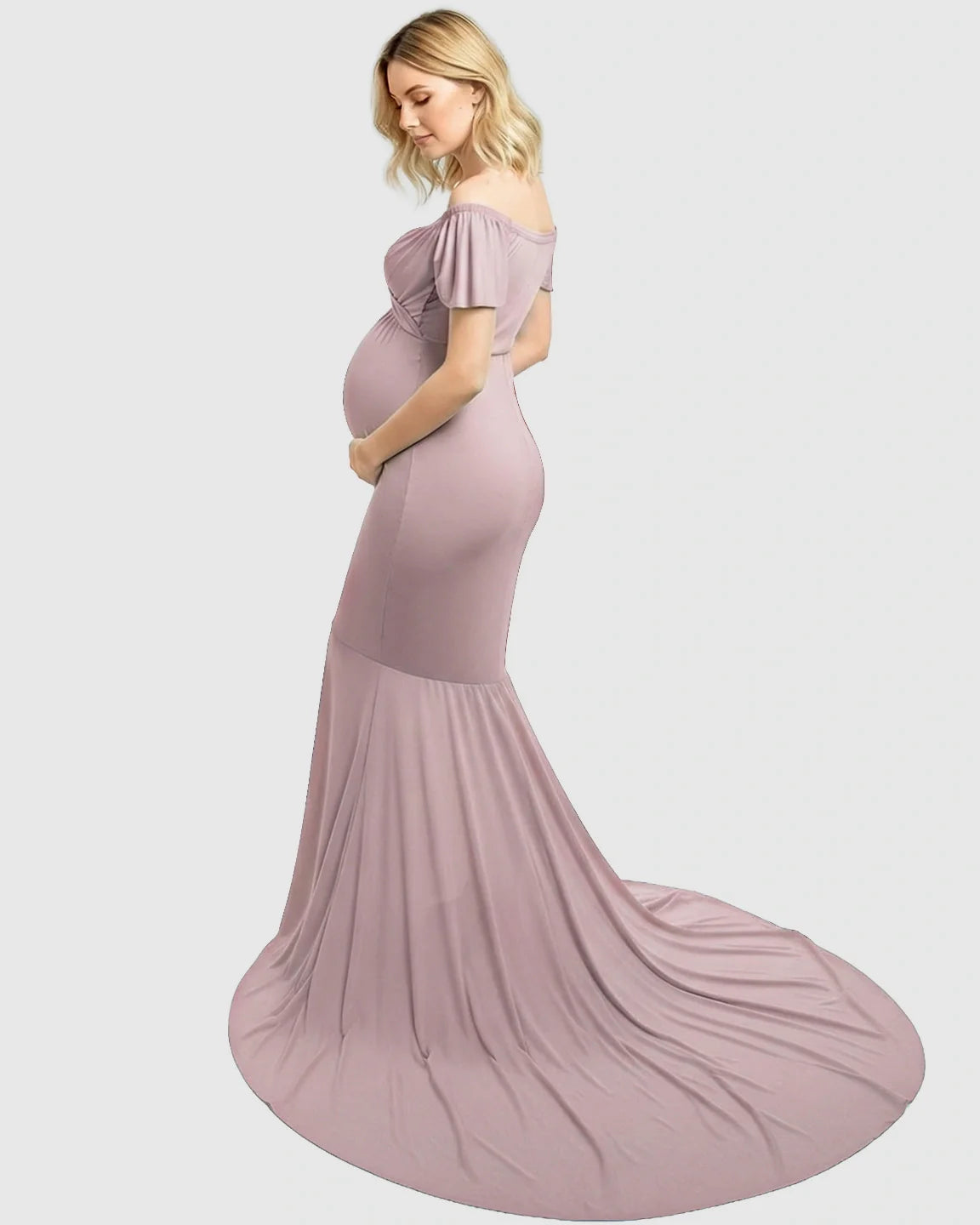 Bump Society – The Comfort Collection: Off-Shoulder Fitted Mermaid Style Maternity Photoshoot Gown