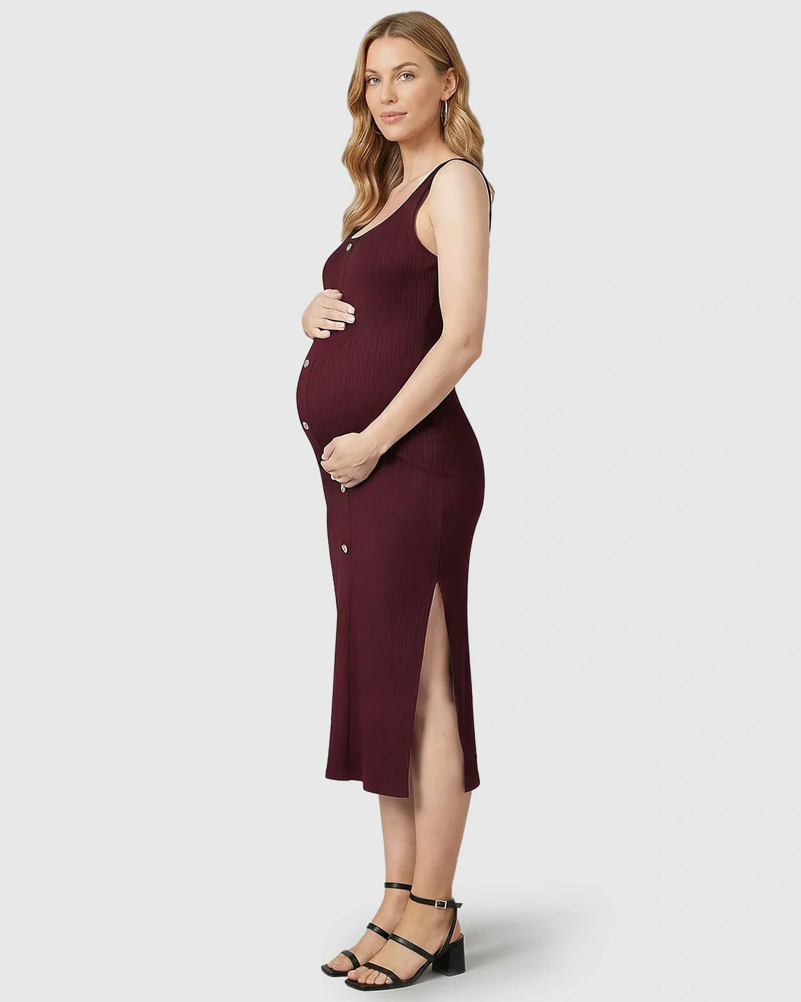 Bump Society – The Comfort Collection: Button-Front Bodycon Maternity Midi Dress