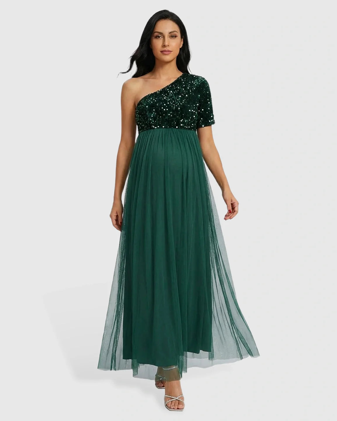Bump Society – The Comfort Collection: Sequin One-Shoulder Flowy Maternity Maxi Dress