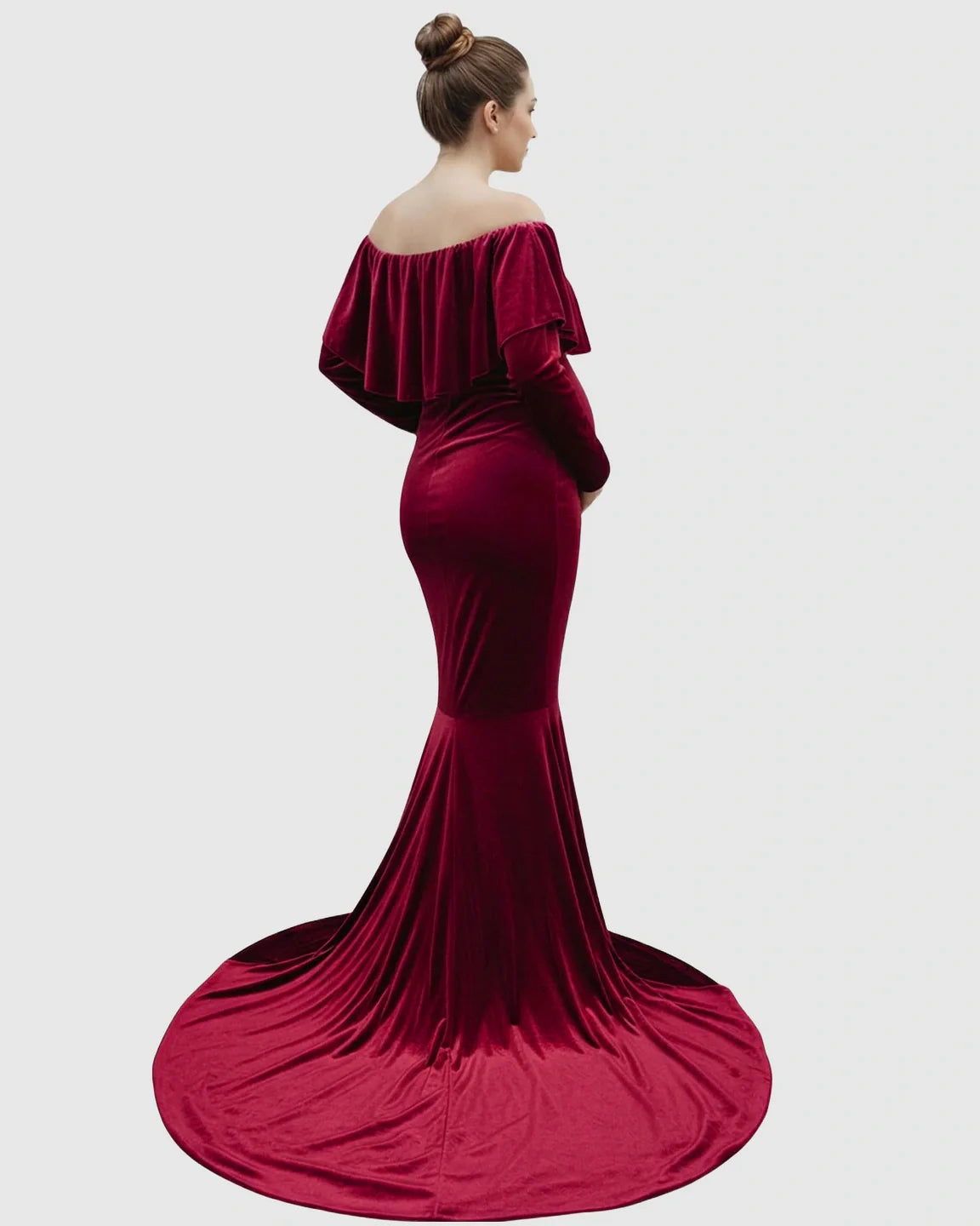 Velvet-touch elegant fitted maternity gown in deep red, featuring an off-shoulder ruffled neckline and flowing train.