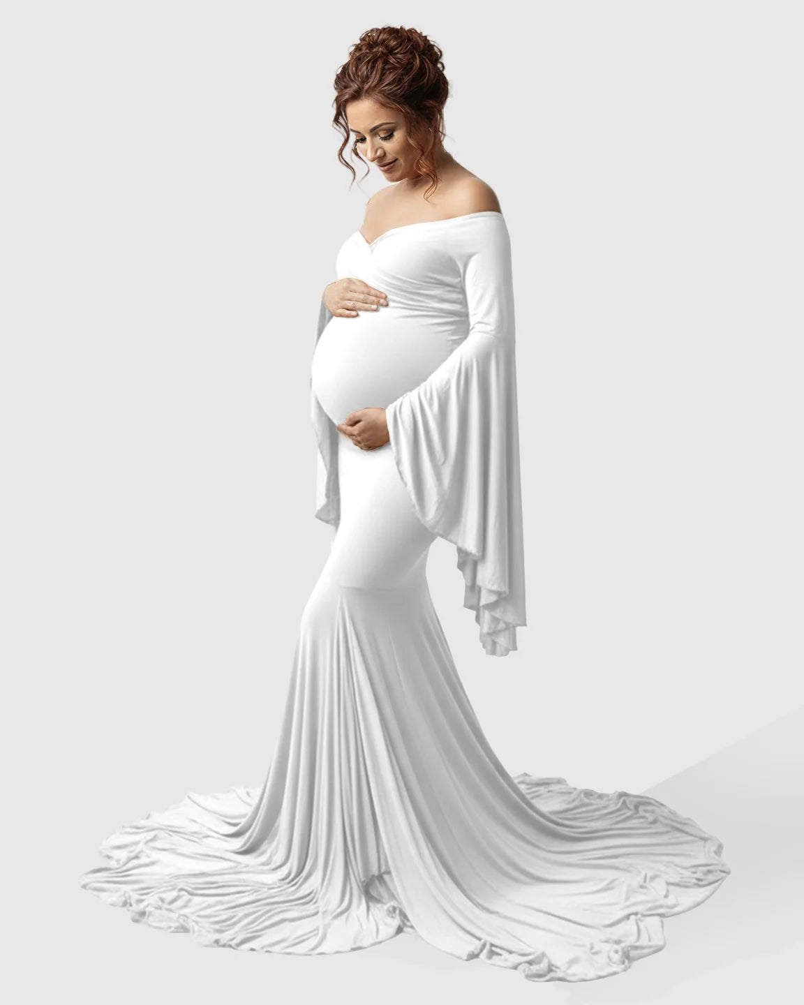 Bump Society – The Comfort Collection: Flared Sleeve Fishtail Train Maternity Photoshoot Dress