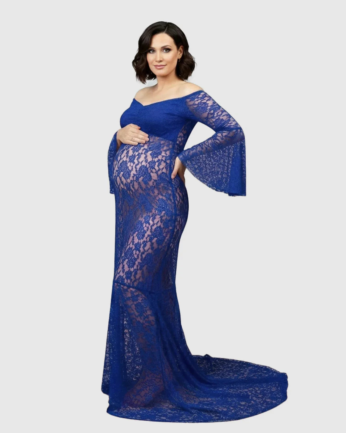 Bump Society – The Comfort Collection: Bell Lace Sleeve Trailing Maternity Gown
