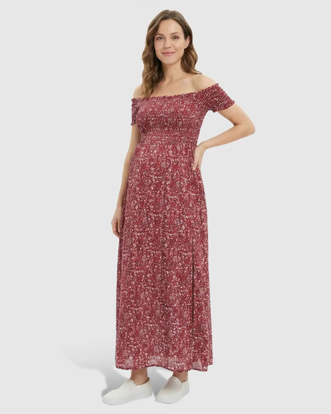 Bump Society – The Comfort Collection: Off-Shoulder Floral Pattern Maternity Maxi Dress