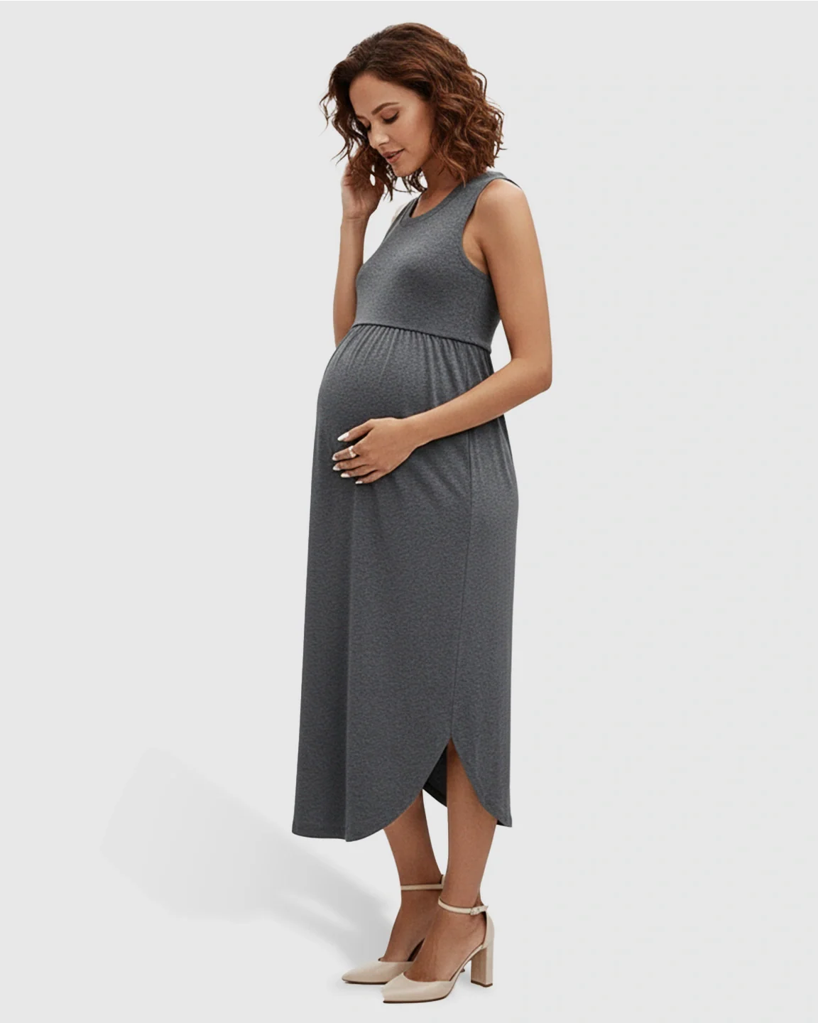 Bump Society – The Comfort Collection: Sleeveless Gathered-Waist Maternity Midi Dress