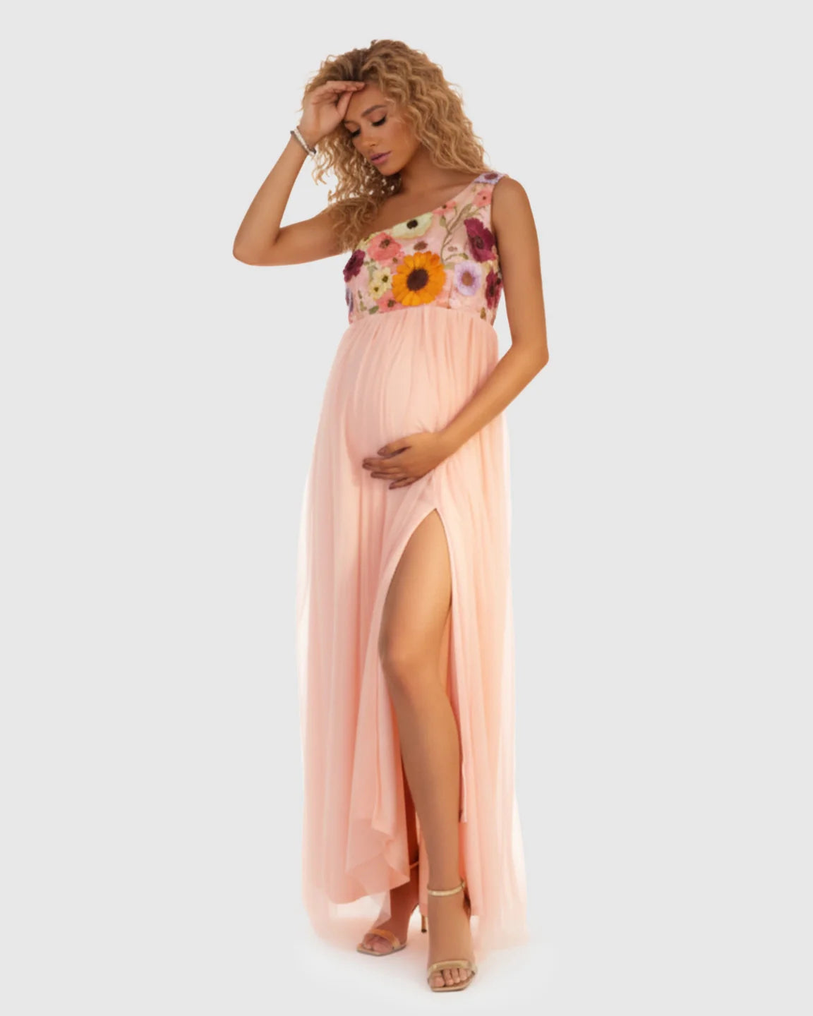 Bump Society – The Comfort Collection: One Shoulder Flowing Mesh Skirt Maternity Maxi Dress