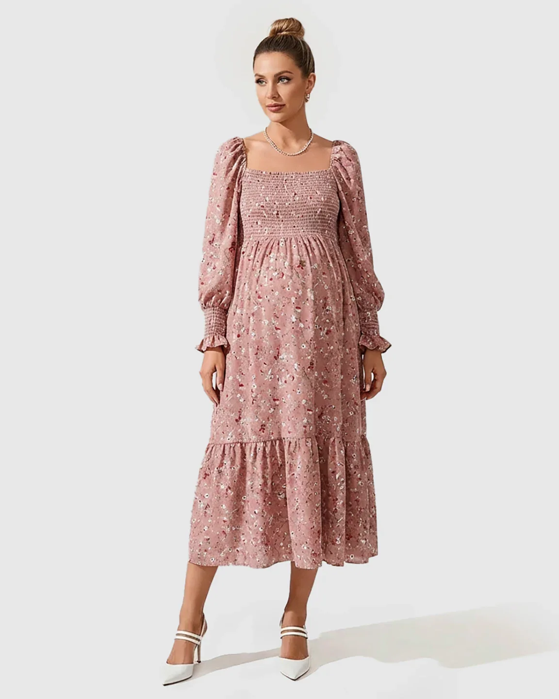 Bump Society – The Comfort Collection: Smocked Bodice Feminine Maternity Midi Dress