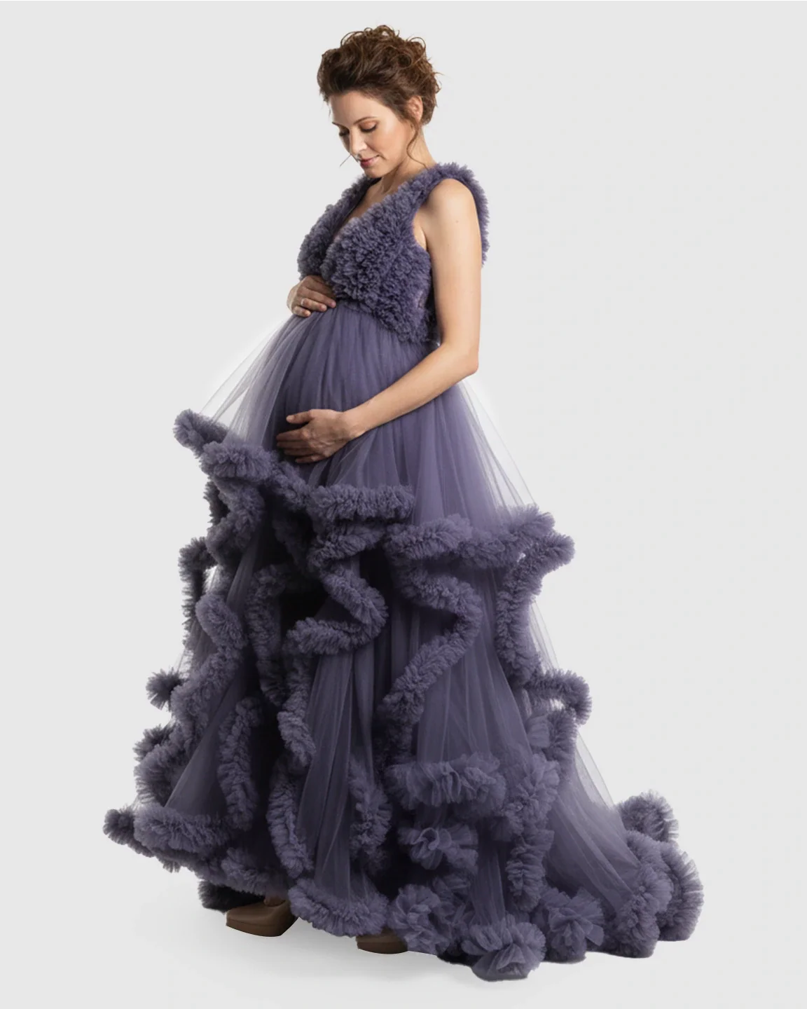 Bump Society – The Comfort Collection: Ruffled Bodice Multi-Layer Mesh Pleats Maternity Gown