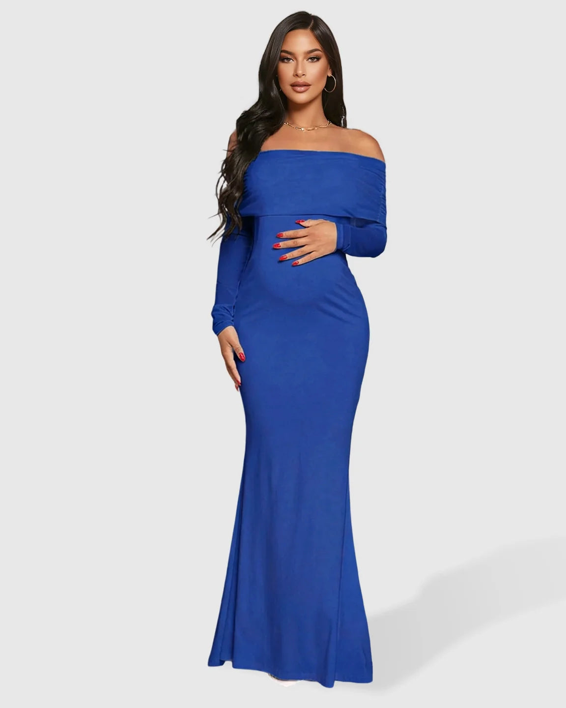 Blue off-shoulder draped neck mermaid fit maternity maxi dress, polyester stretch, long sleeves.