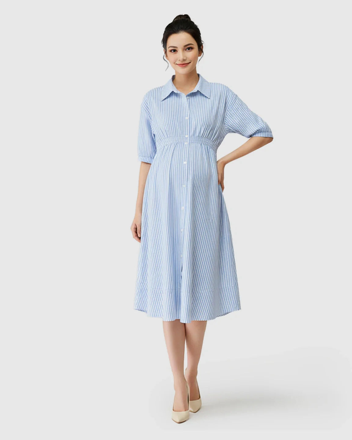 Bump Society – The Comfort Collection: Gathered Waist Striped Shirt Maternity Dress