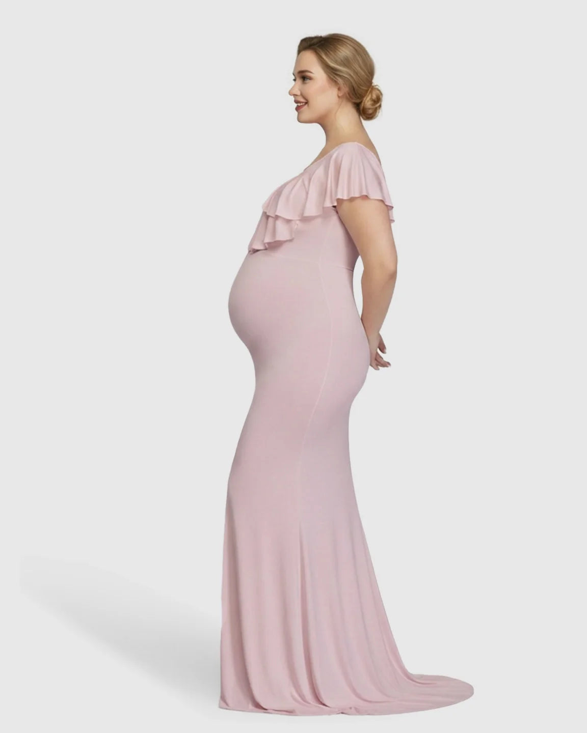 Bump Society – The Comfort Collection: Off-Shoulder Ruffled Bodycon Maternity Maxi Dress
