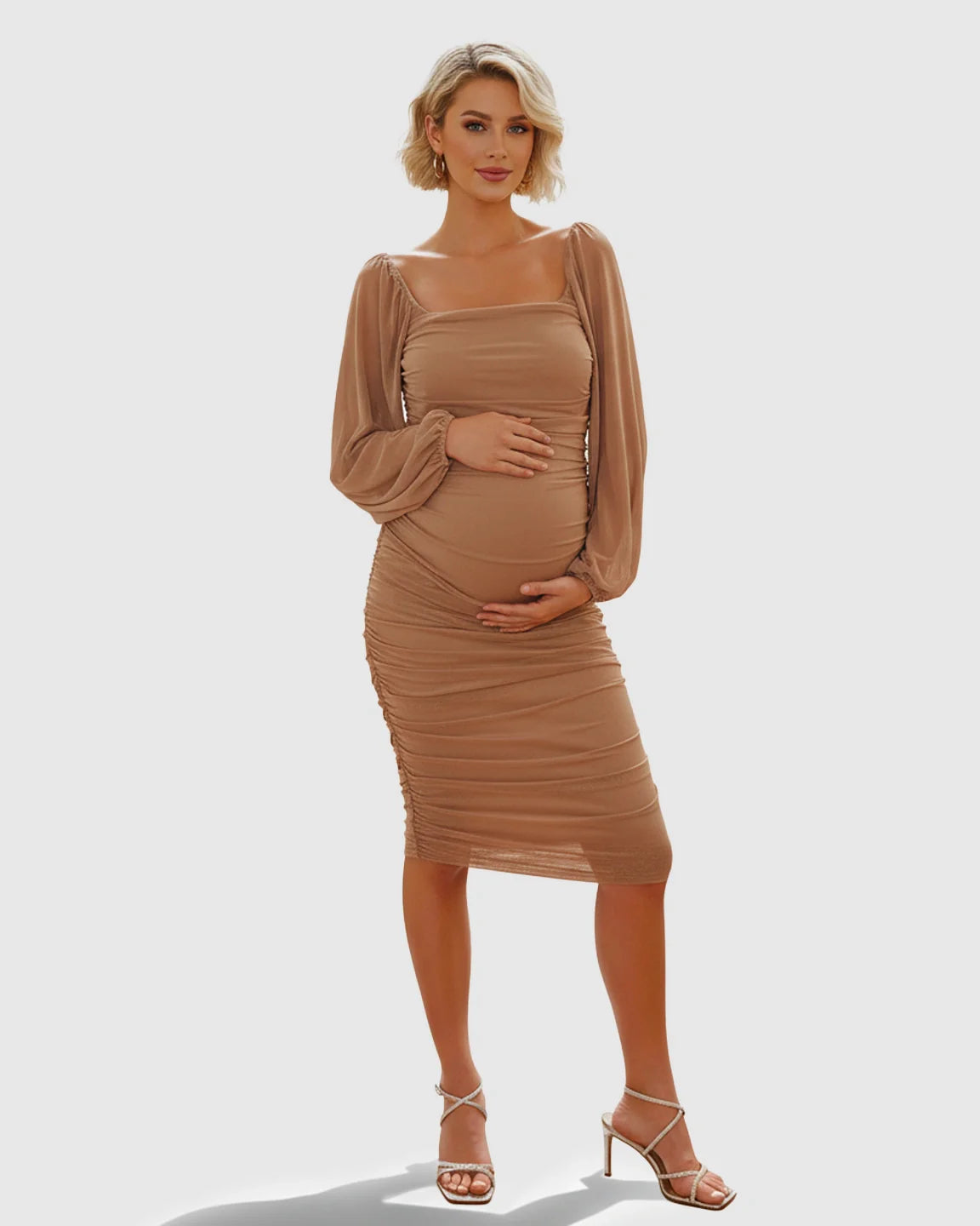 Bump Society – The Comfort Collection: Sheer Mesh Sleeves Pleated Maternity Midi Dress