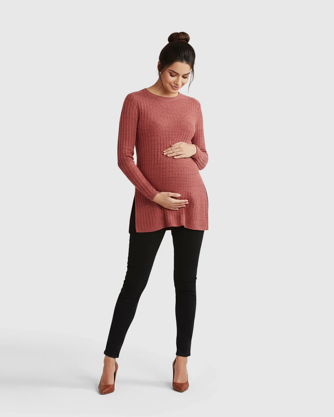 Bump Society – The Comfort Collection: Ribbed Knit Side-Slit Long Sleeve Maternity Top
