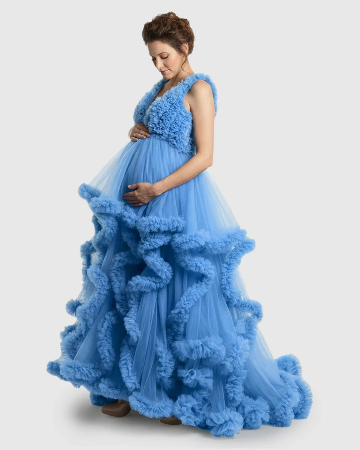 Bump Society – The Comfort Collection: Ruffled Bodice Multi-Layer Mesh Pleats Maternity Gown