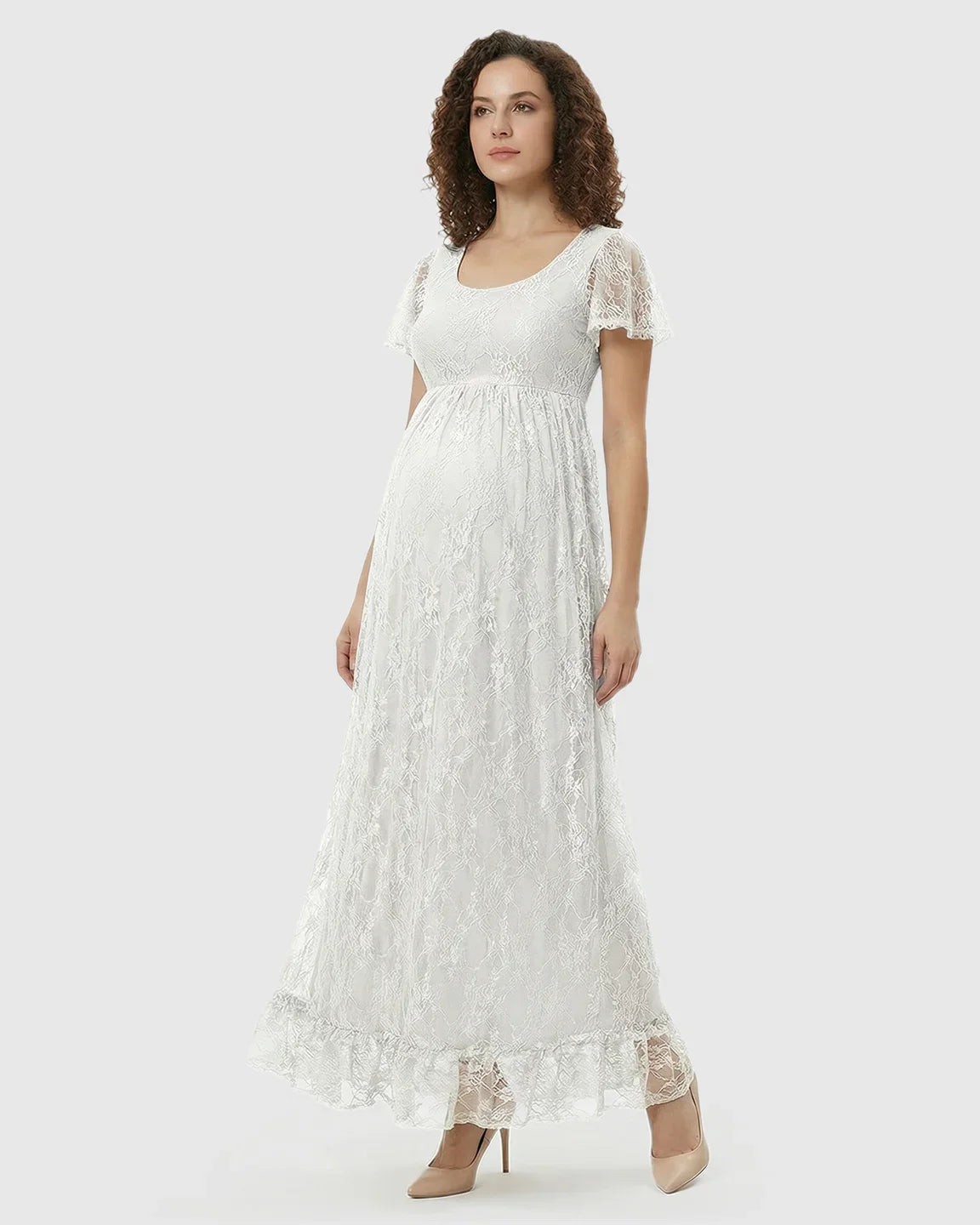 Bump Society – The Comfort Collection: Ruffled Hem Floral Lace Maternity Photoshoot Dress