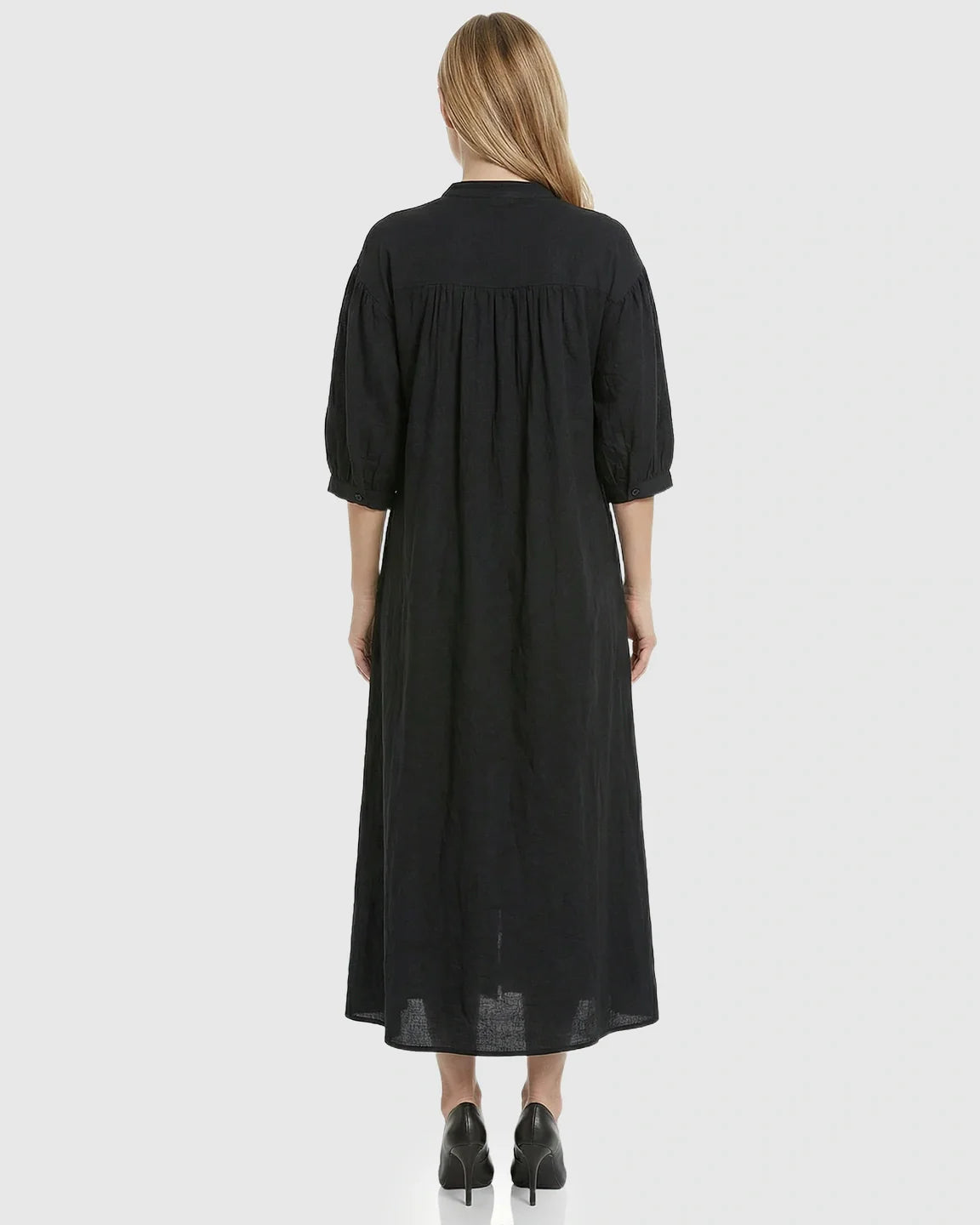 Bump Society – The Comfort Collection: Embroidered Mandarin Collar Loose Maternity Midi Dress