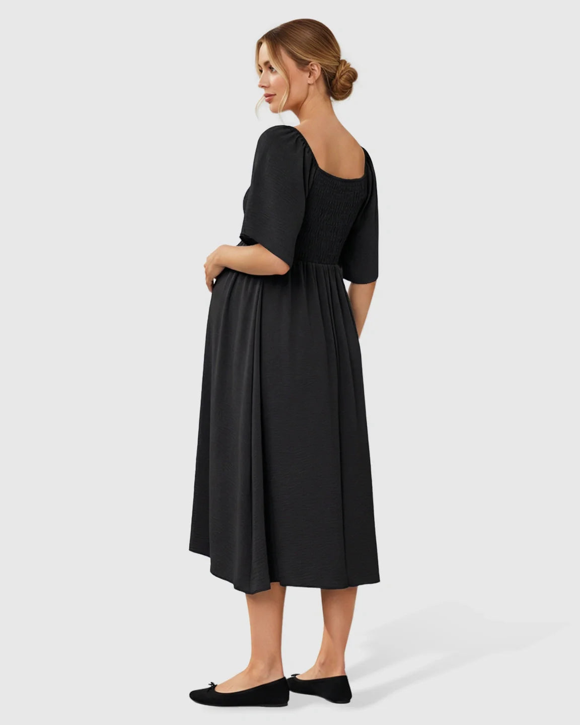 Bump Society – The Comfort Collection: Tie-Knot Front Swing Silhouette Maternity Midi Dress