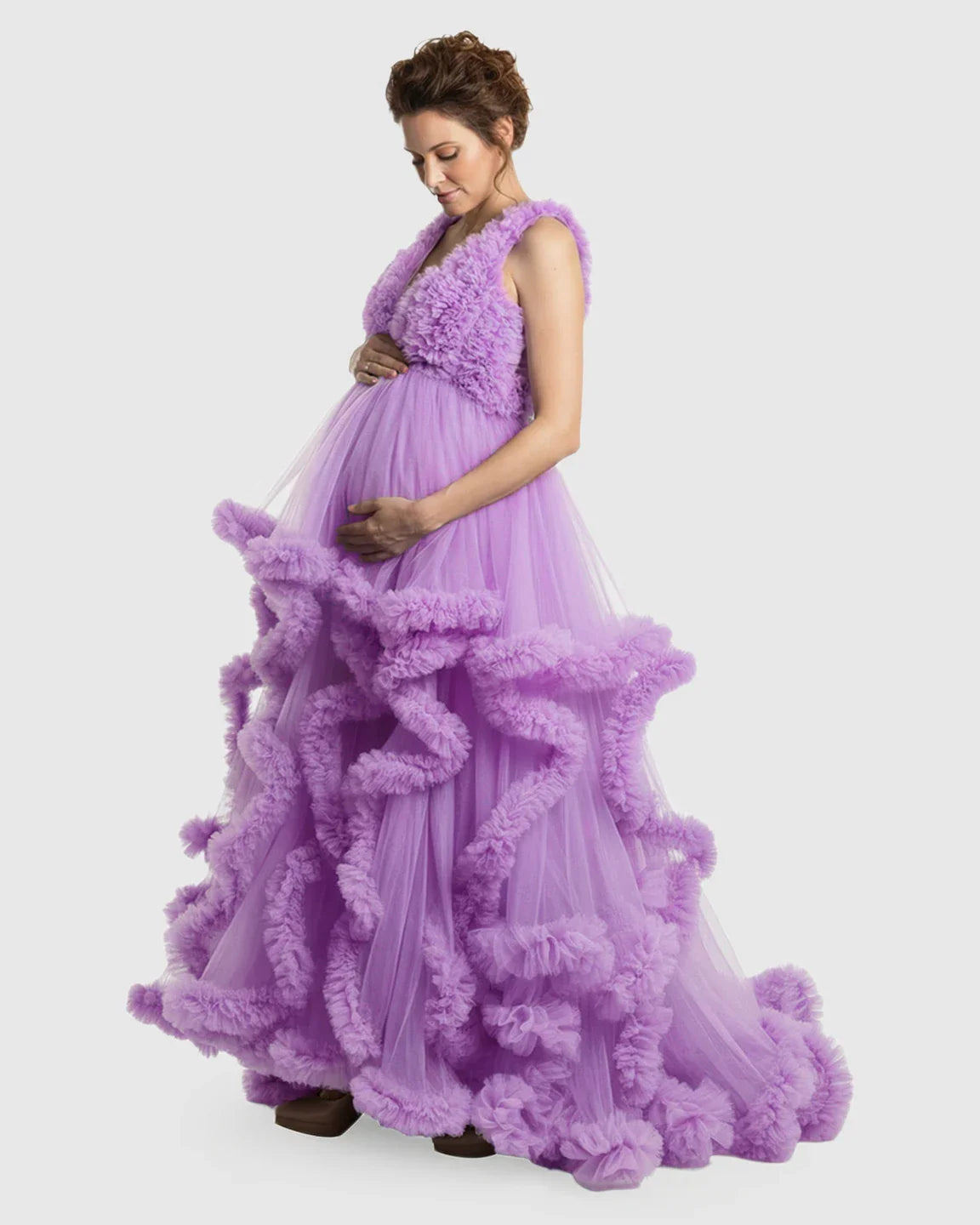 Bump Society – The Comfort Collection: Ruffled Bodice Multi-Layer Mesh Pleats Maternity Gown