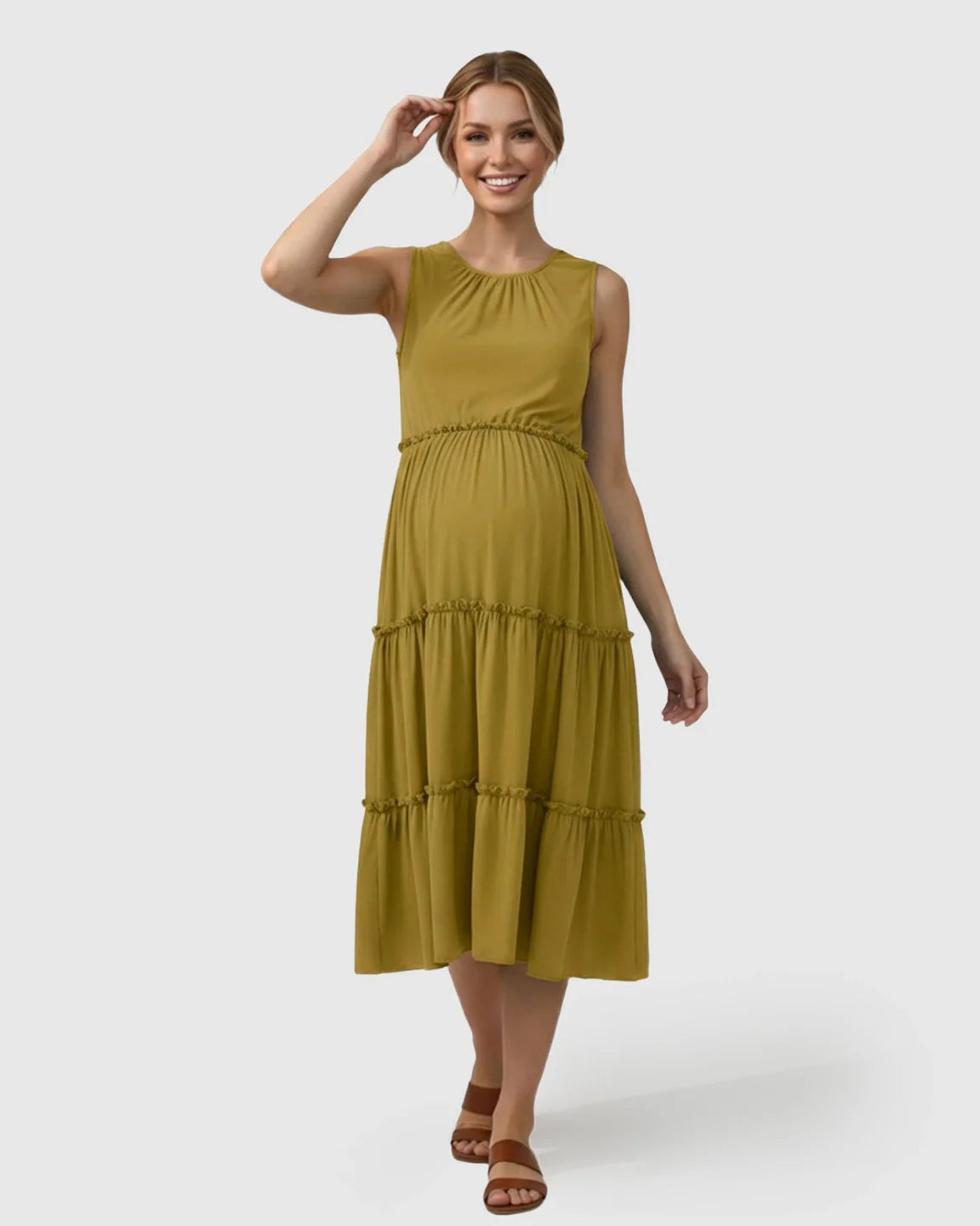 Bump Society – The Comfort Collection: Tiered Ruffle Skirt Casual Maternity Midi Dress