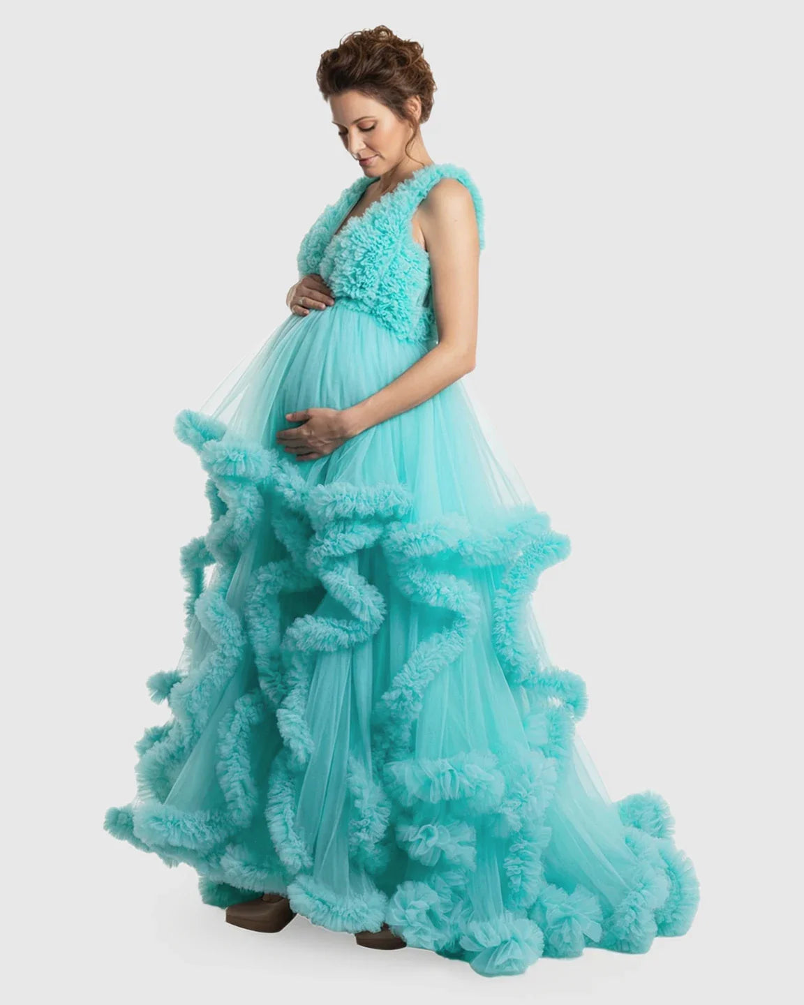 Bump Society – The Comfort Collection: Ruffled Bodice Multi-Layer Mesh Pleats Maternity Gown