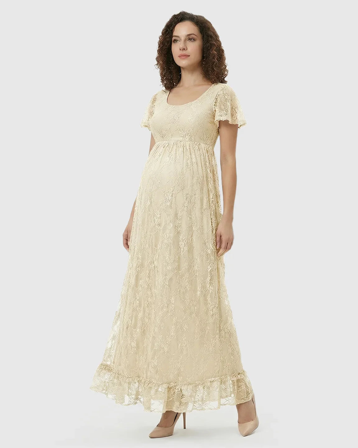 Bump Society – The Comfort Collection: Ruffled Hem Floral Lace Maternity Photoshoot Dress