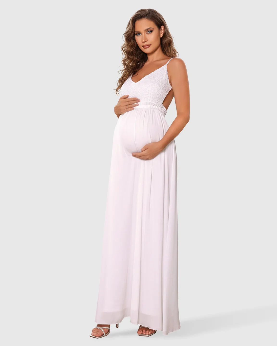Bump Society – The Comfort Collection: Deep V-Neck Lace Bodice Stylish Maternity Photoshoot Dress