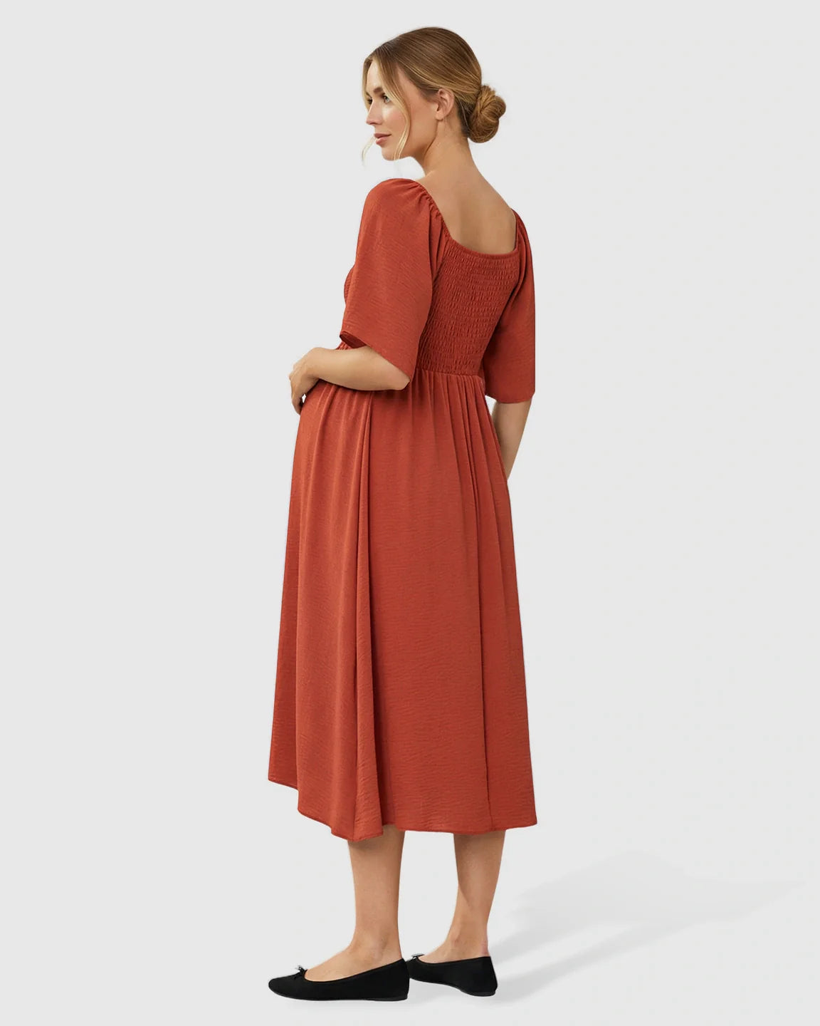 Bump Society – The Comfort Collection: Tie-Knot Front Swing Silhouette Maternity Midi Dress