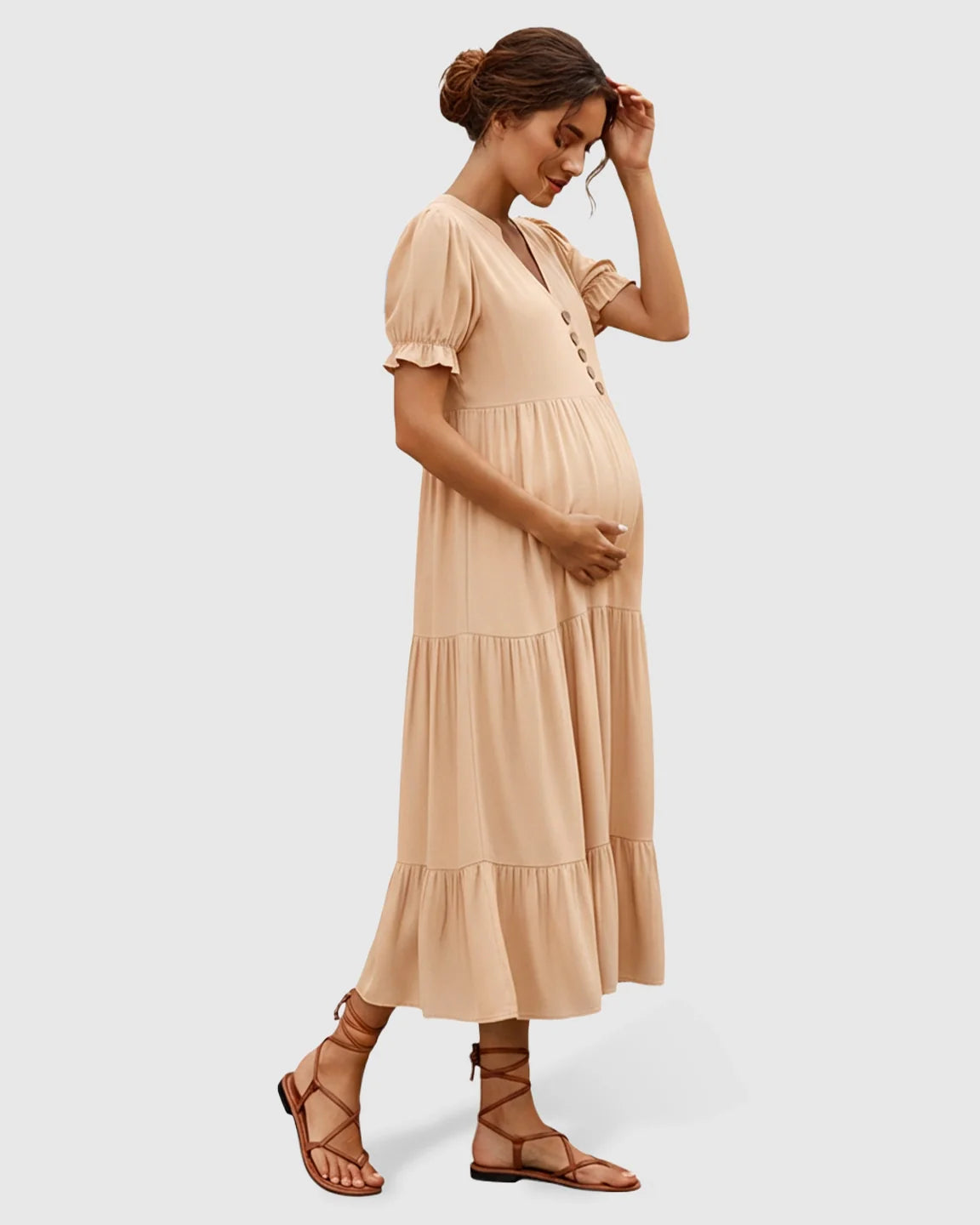 Bump Society – The Comfort Collection: Stand Up Collar Tiered Skirt Maternity Midi Dress