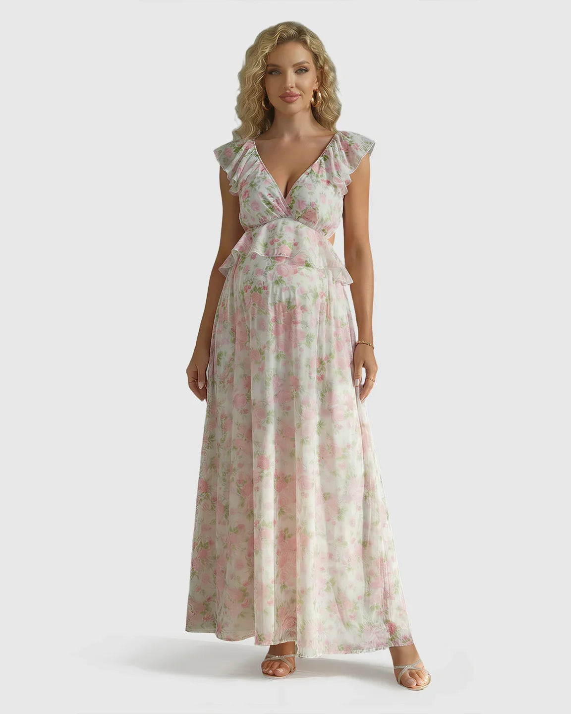 Bump Society – The Comfort Collection: Floral Ruffle Cap Sleeve Flowy Maternity Photoshoot Dress