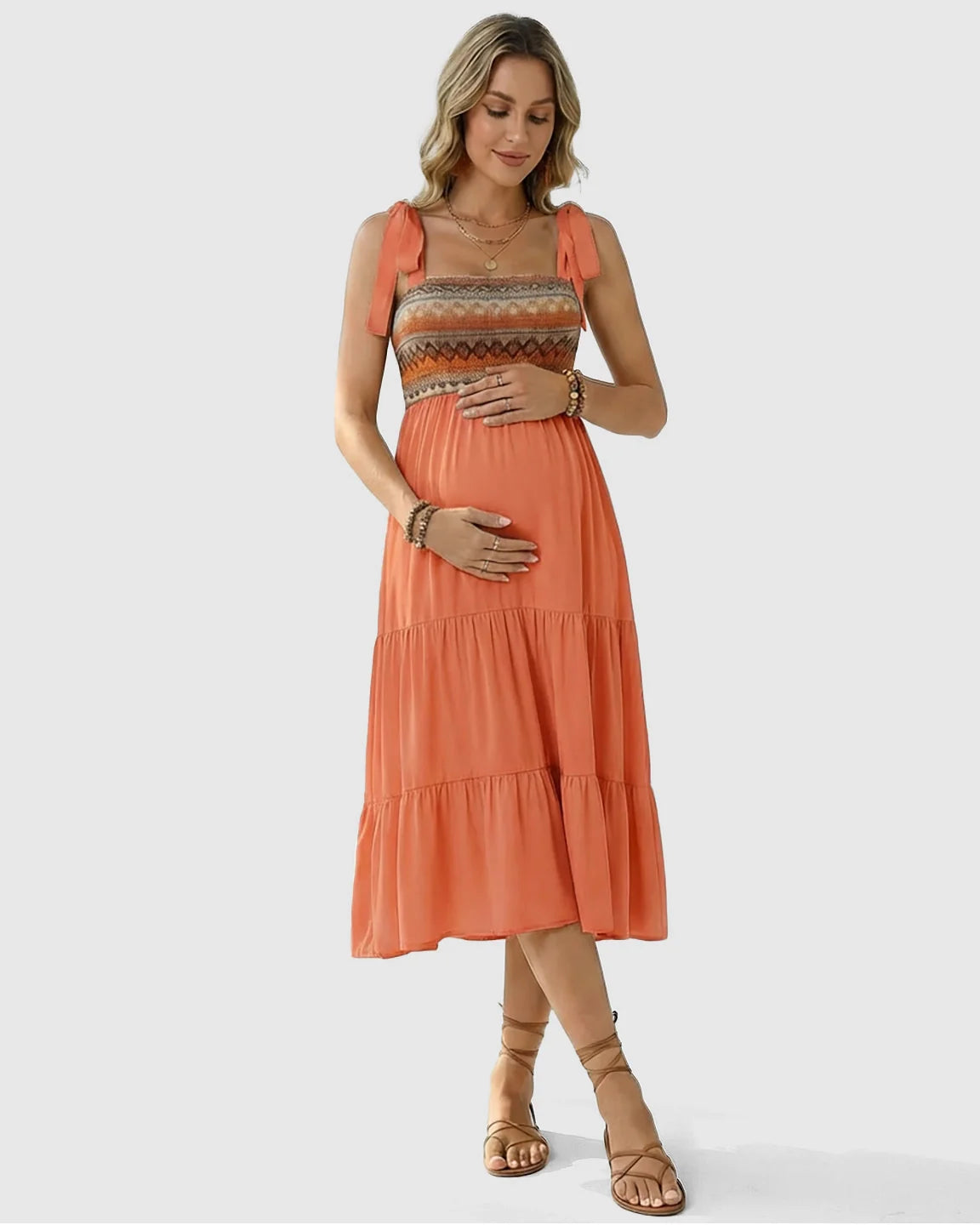 Bump Society – The Comfort Collection: Smocked Ethnic Bodice Tiered A-Line Maternity Sundress