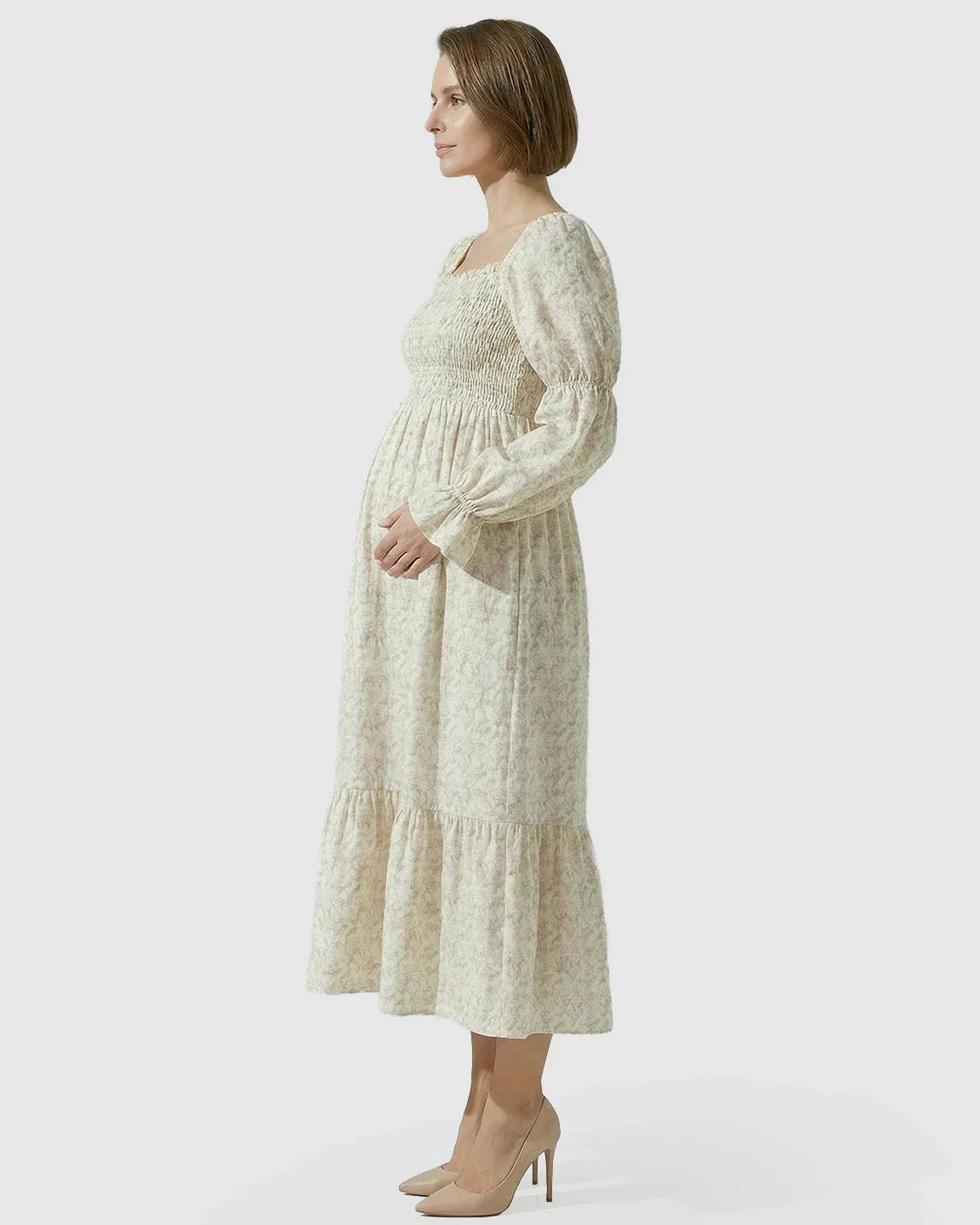 Bump Society – The Comfort Collection: Puffed Long-Sleeve Tiered Skirt Maternity Maxi Dress