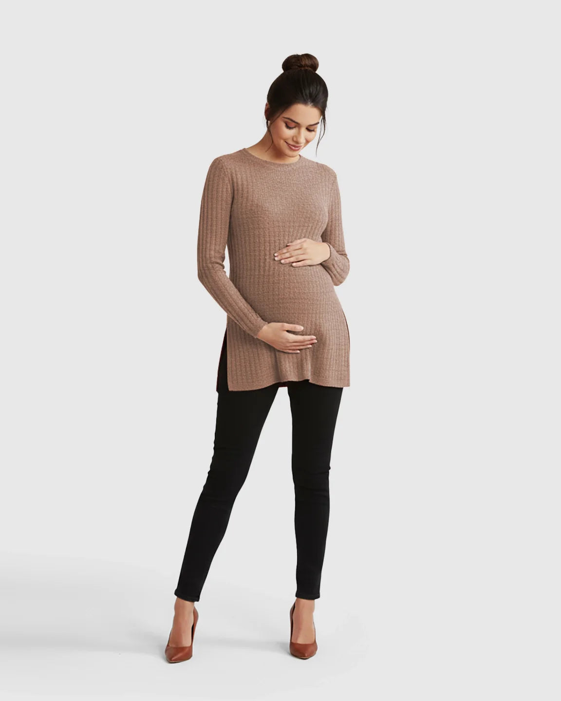 Bump Society – The Comfort Collection: Ribbed Knit Side-Slit Long Sleeve Maternity Top