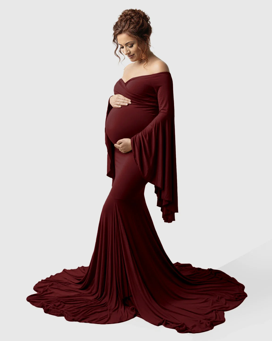 Bump Society – The Comfort Collection: Flared Sleeve Fishtail Train Maternity Photoshoot Dress