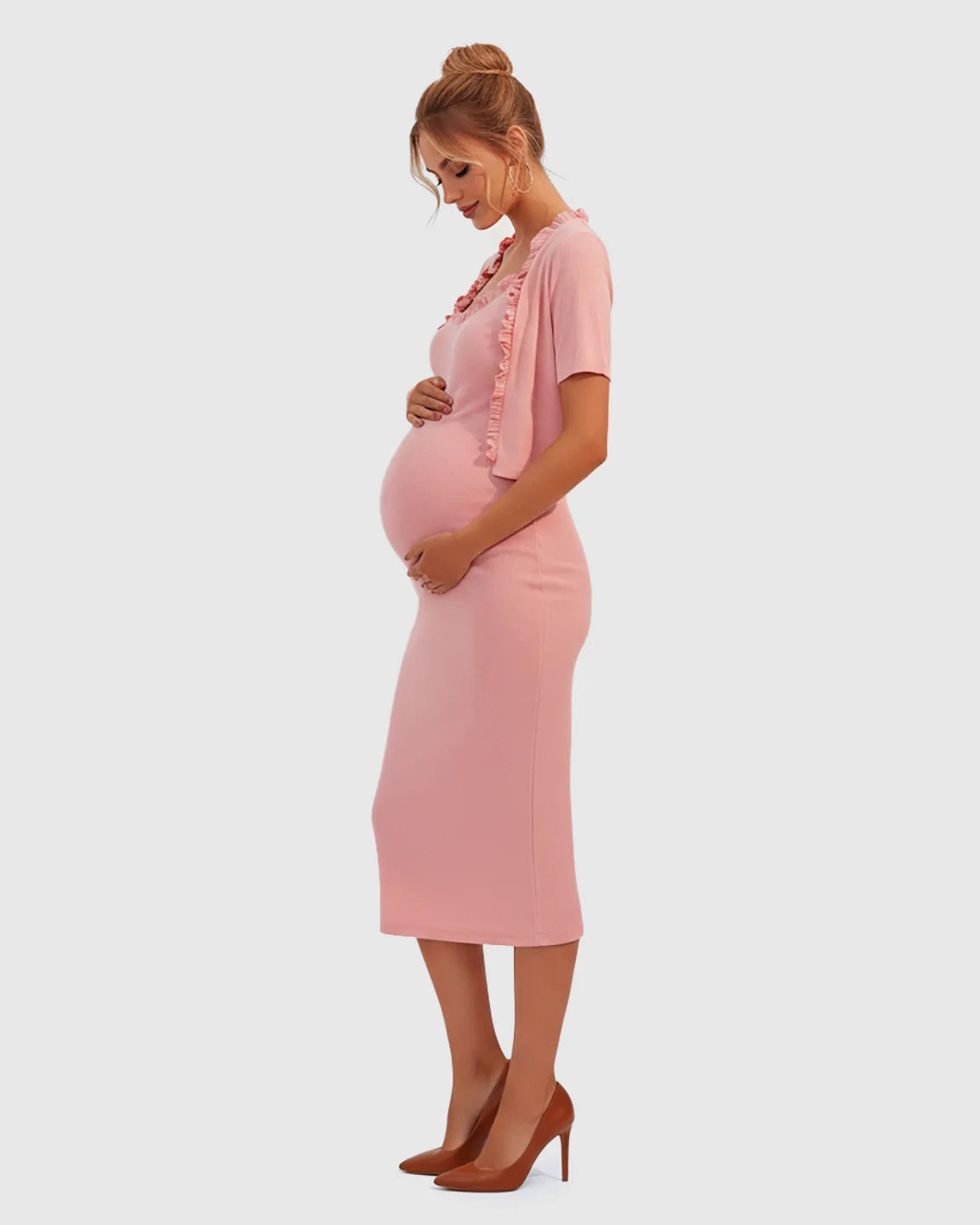 Bump Society – The Comfort Collection: Ruffle Neck Bodycon Maternity Midi Dress Set