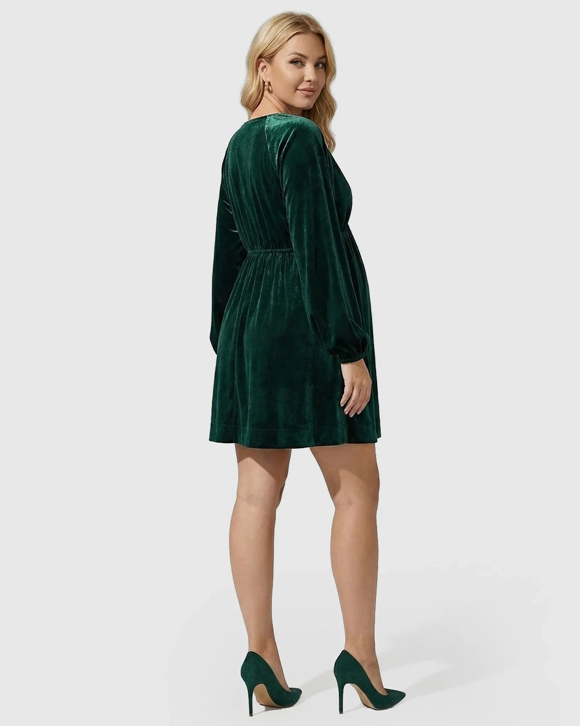 Bump Society – The Comfort Collection: Velvet V-Neck Bishop Sleeve Maternity Mini Dress
